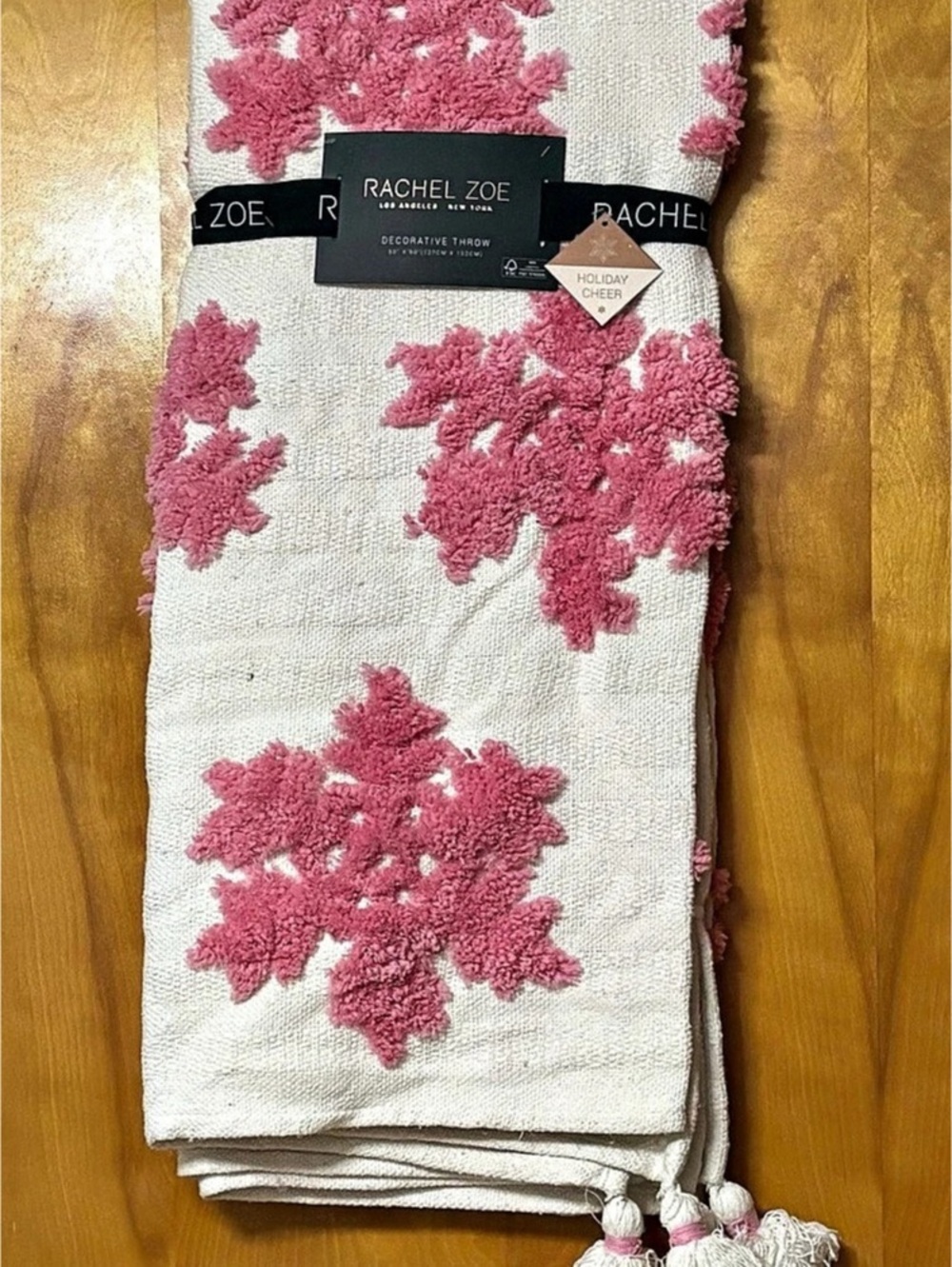 Rachel Zoe Holiday Cheer Snowflakes Decorative Throw Blanket Pink & White NWT